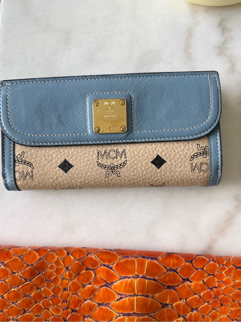 MCM Beige Signature Canvas Continental Wallet with Blue Trim